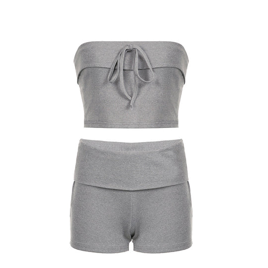 Sexy Knitted Thread Casual Tube Top Short Type Two Piece Set Sexy Lace-up Top Running Sports Super Short Set