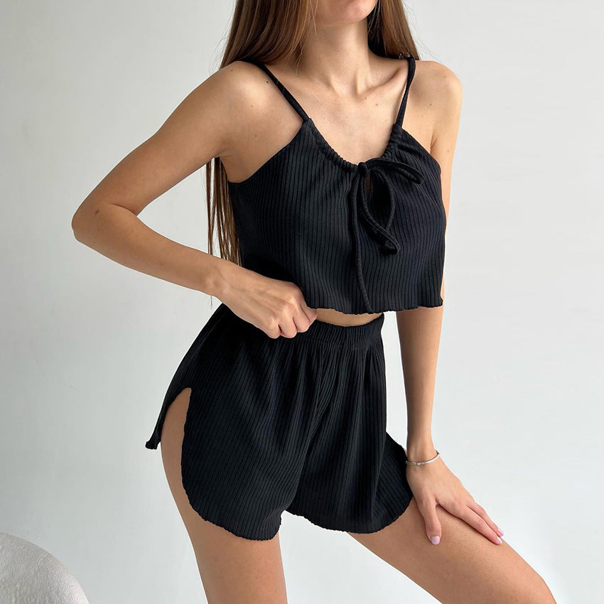 Summer Thin Skin Friendly Tied Spaghetti Strap Slit Shorts Two Piece Knitted Pajamas Women Soft