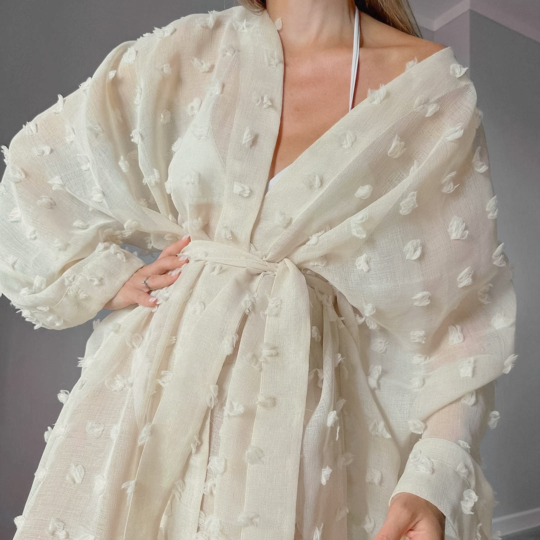 Mesh Jacquard Solid Color Pajamas Lace Up Breathable Nightgown Bathrobe Spring Light Luxury Home Wear Women