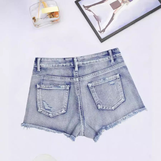 Women Denim With Hole Cut Long Breasted Denim Shorts Sexy All Matching