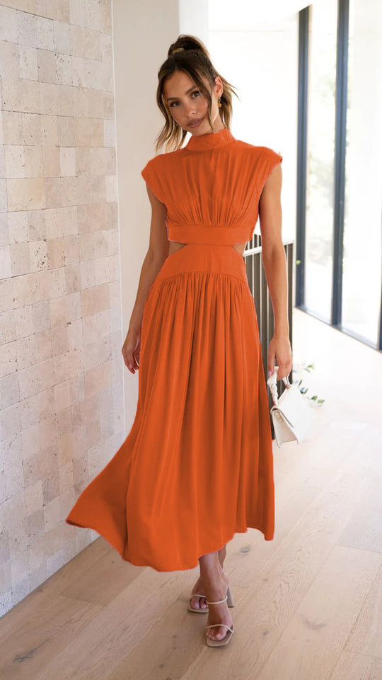 Sweet Street Summer Stand Collar Solid Color Cropped Outfit Maxi Dress