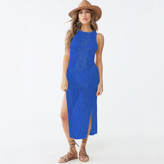 Knitted Sexy Hollow Out Cutout Split Beach Cover-up Dress Vacation Sun Protection Shirt Beach Cover Up