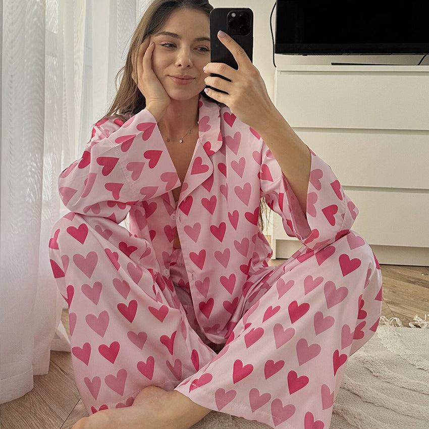 Summer Satin Heart Printing Cardigan Long Sleeve Pants Pajamas Two Piece Set Loose Skin-Friendly Ladies Homewear