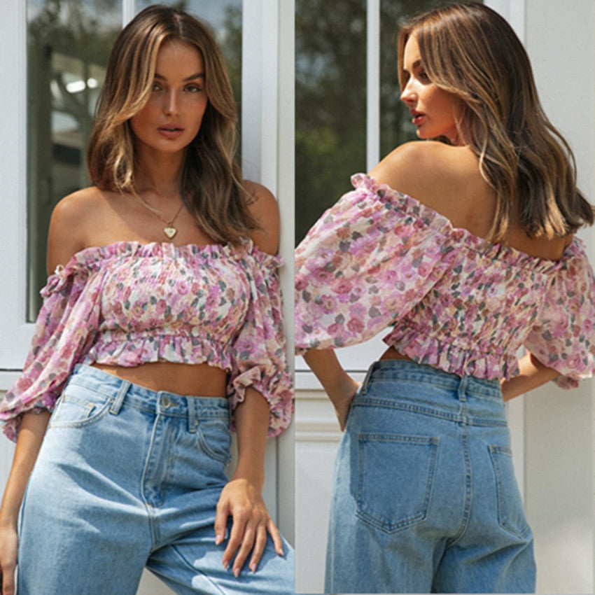 Women Clothing Casual Printed Sexy off-Shoulder Top Lantern Sleeve Shirt smocked