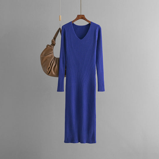 Autumn Winter V neck Knitted Dress Outer Wear Straight Slimming Long Sleeve Sunken Stripe Slit Base Overknee Sweater Dress