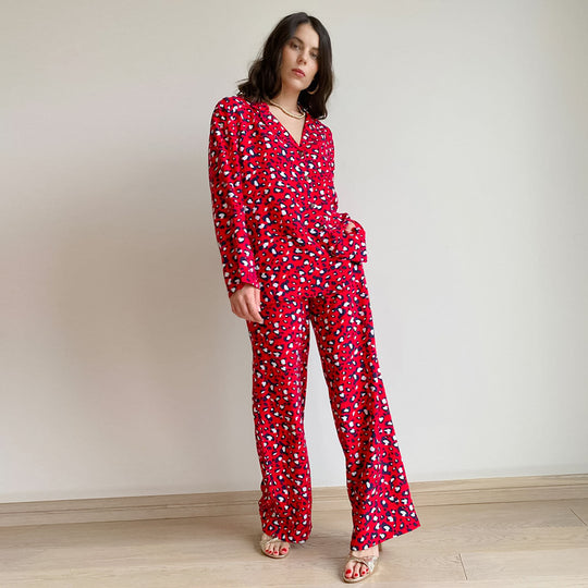 Spring Cotton Silk Leopard Print V neck Long Sleeve Trousers Red for Women Skin Friendly Pajamas Home Wear for Women