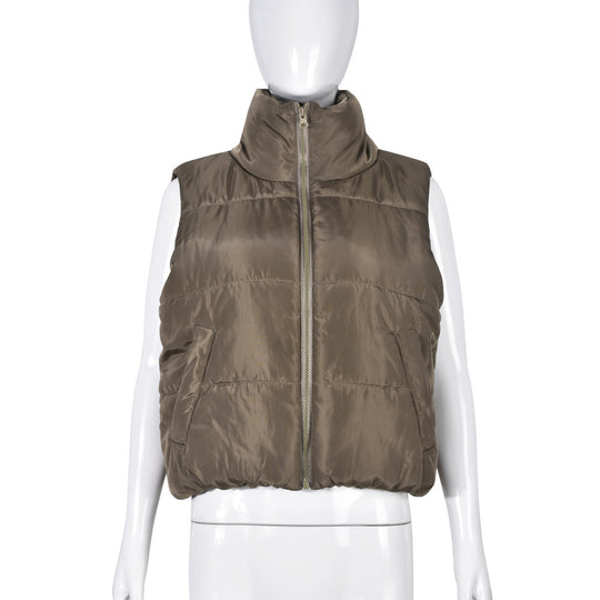 Vest Cotton Padded Jacket Stand Collar Elastic Waist Zipper Personality Pocket Coat