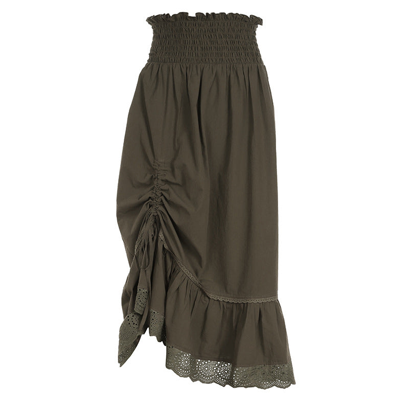 Street Retro Skirt High Waist Asymmetric Lace Stitching Casual Sexy Pleated Skirt