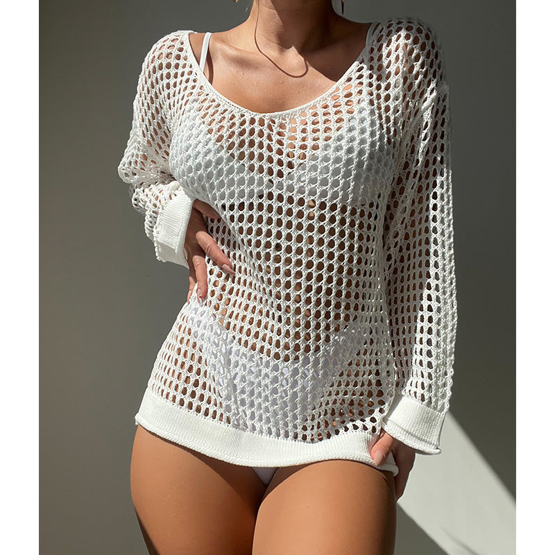 Summer Vacation Sexy Cutout Big round Neck Loose Pullover Bikini Sunscreen Knitted Beach Cover up