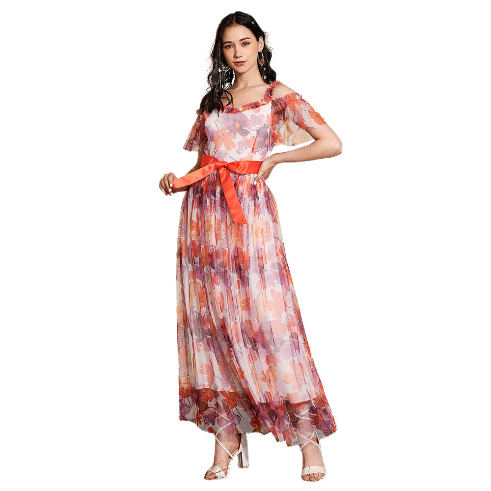 Women Clothing Shoulder Short Sleeve All Matching High Waist Pleated Maxi Dress