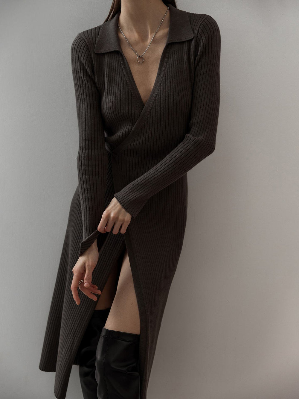 Split Strap Thread Knitted Dress Mid Length Autumn Winter Polo Collar Long Sleeve Sexy Tight Dress