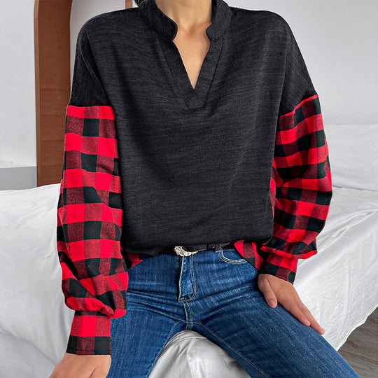 Autumn Women Clothing Classic Casual Patchwork Plaid Long Sleeved Top