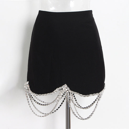 Skirt Set Autumn Rhinestone Chain Stitching Black  Short Sheath Slim Skirt