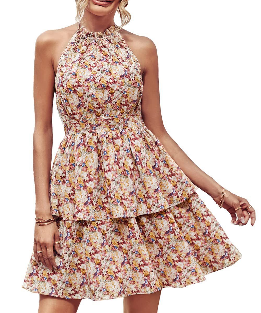 Summer Halter Backless Printed Sleeveless Dress Women Clothing