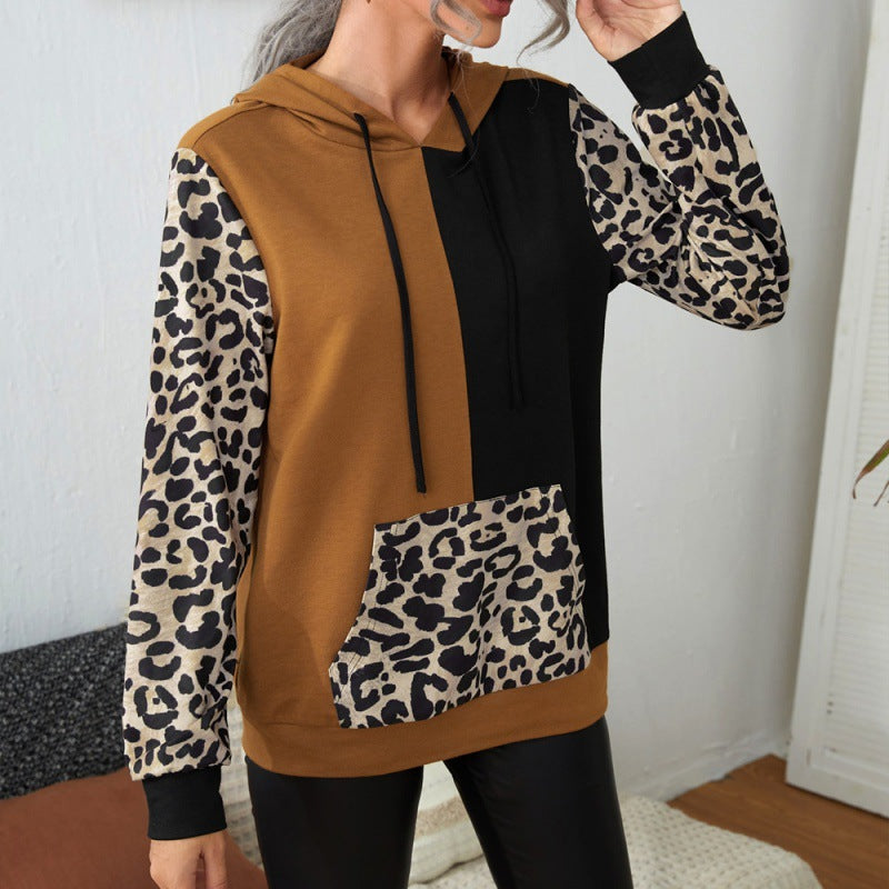 Casual Leopard Print Color Matching Long Sleeve round Neck Hooded T-shirt Loose Stitch Contrast Color Hoodie Top Women