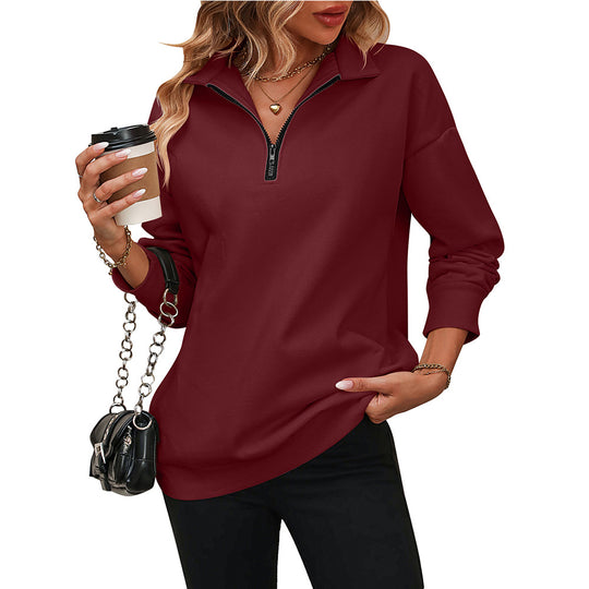 Autumn Winter Women Half Long Sleeve Zipper Sweatshirt Pullover Fleece Sweater