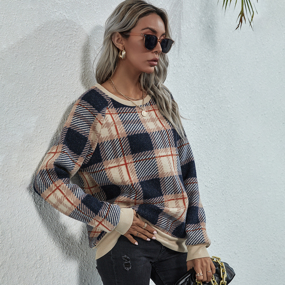 Spring Autumn Women Clothing round Neck Pullover Plaid Casual Women Sweater Fleece Shirt