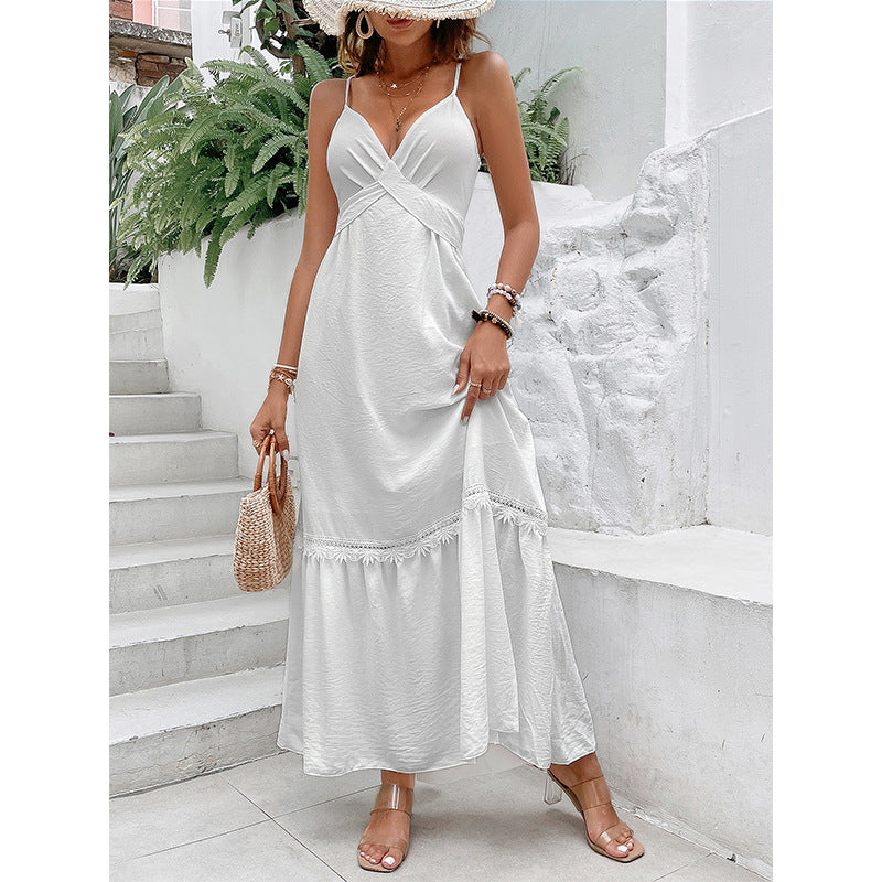 Women White Vacation Dress Loose Slimming Sling Backless Sexy Dress