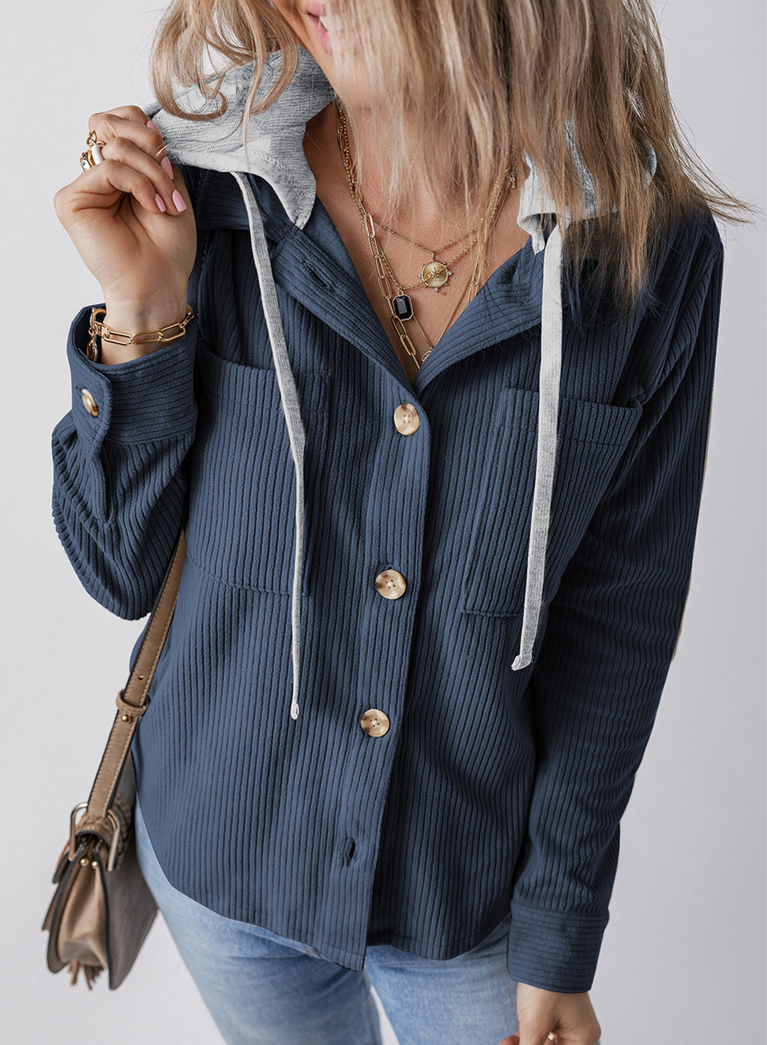 Autumn Winter Collared Buckle Cardigan Pouch Hooded Drawstring Striped Coat Women