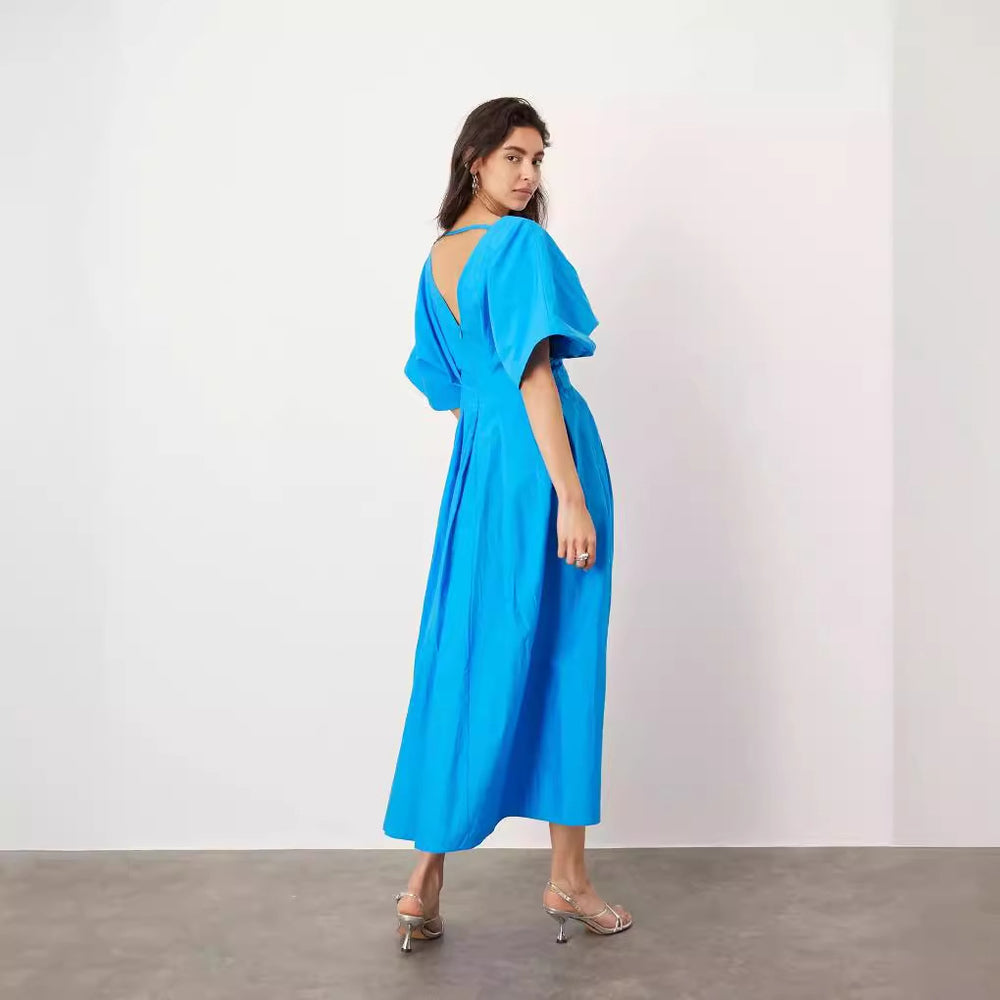 Blue Color V Neck Pleated Dress Loose Elegant Socialite Dress