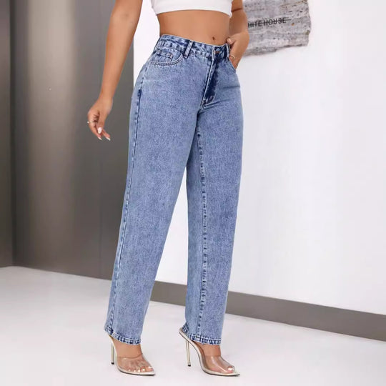 Women Retro High Waist Denim Straight Leg Trousers