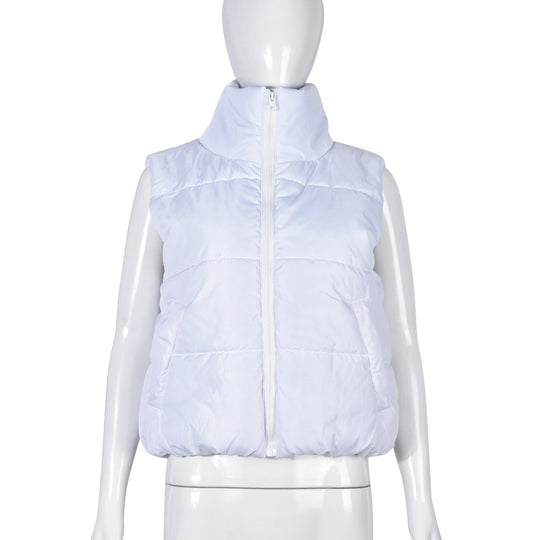 Vest Cotton Padded Jacket Stand Collar Elastic Waist Zipper Personality Pocket Coat