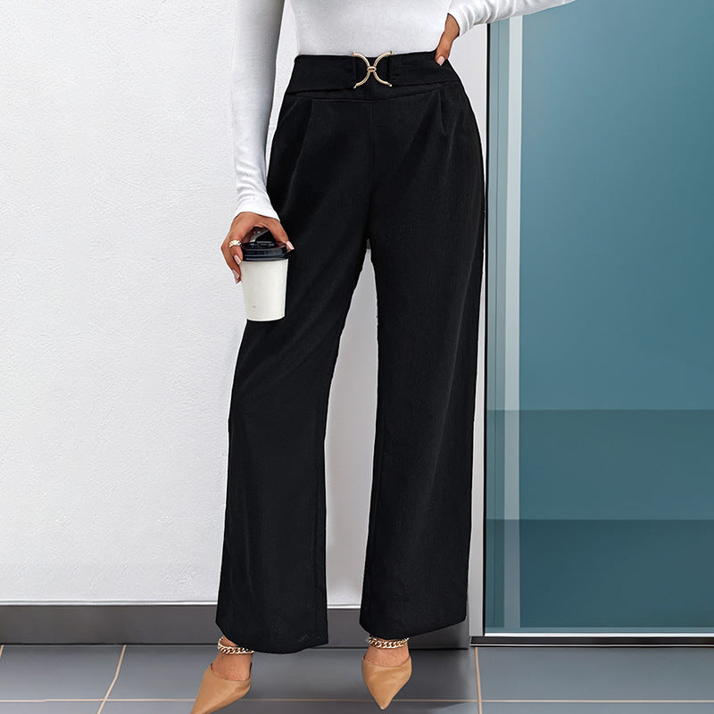 Fall Women Clothing Solid Color With Buckle High Waist Straight Pants