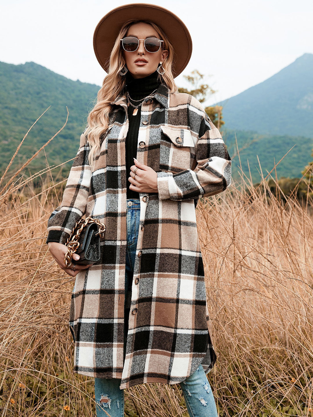 Autumn Winter Women Plaid Trench Coat