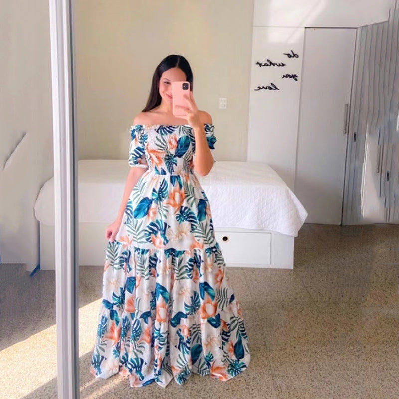 Spring Summer Women Clothing Dress off Shoulder Floral off Shoulder Long Printed Dress