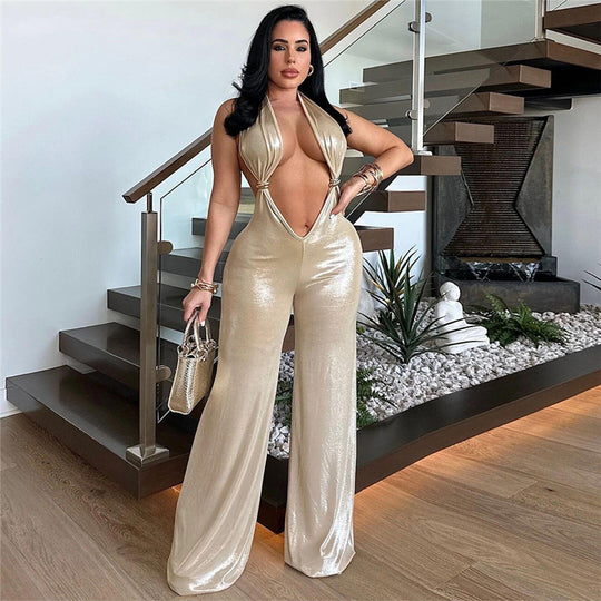 Summer Women Clothing Sexy Cropped Halter Backless Faux Leather Wide Leg Jumpsuit