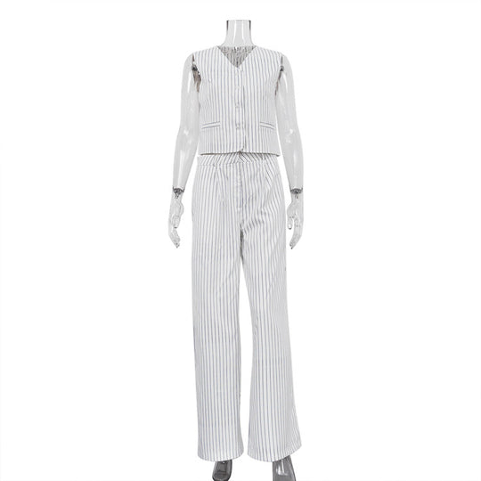 Striped Vest Trousers Summer Women Casual Wear Office Two Piece Set