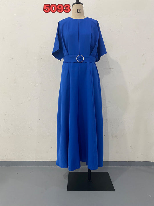 Solid Color round Neck Short Sleeves Dress Belt Slim Fit Maxi Dress