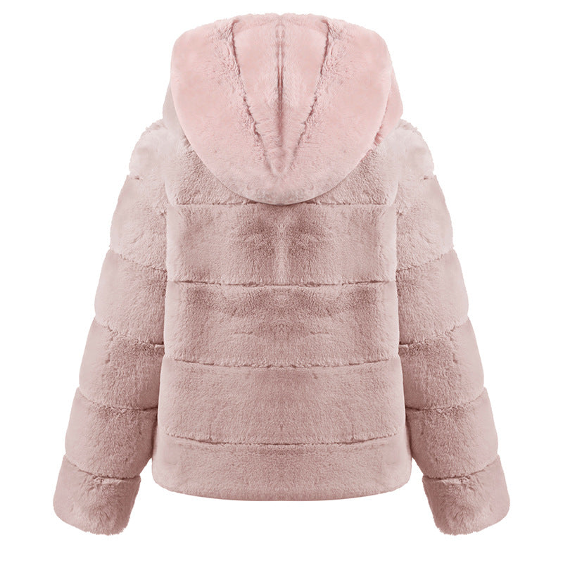 Short Solid Color Loose Horizontal Hooded Coat Faux Fur Autumn Winter Warm Coat