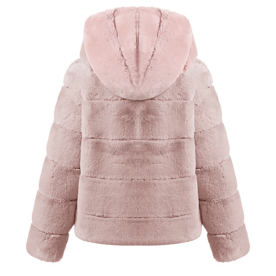 Short Solid Color Loose Horizontal Hooded Coat Faux Fur Autumn Winter Warm Coat