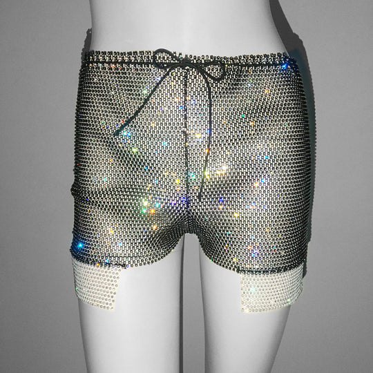 Drawstring High Waist Super Short Shorts Sexy Casual All Matching Pants Rhinestone Fishnet Shorts