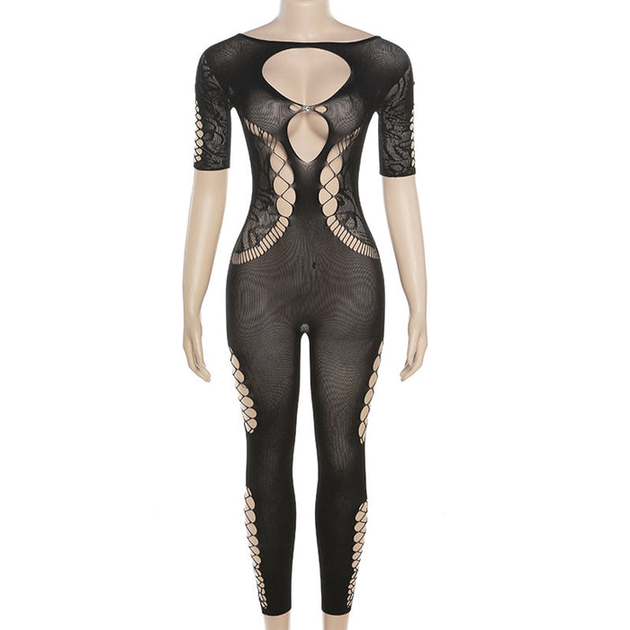 Summer Women Clothing Sexy Cutout See through Short Sleeve High Waist Tight Knitted One Piece Trousers for Women