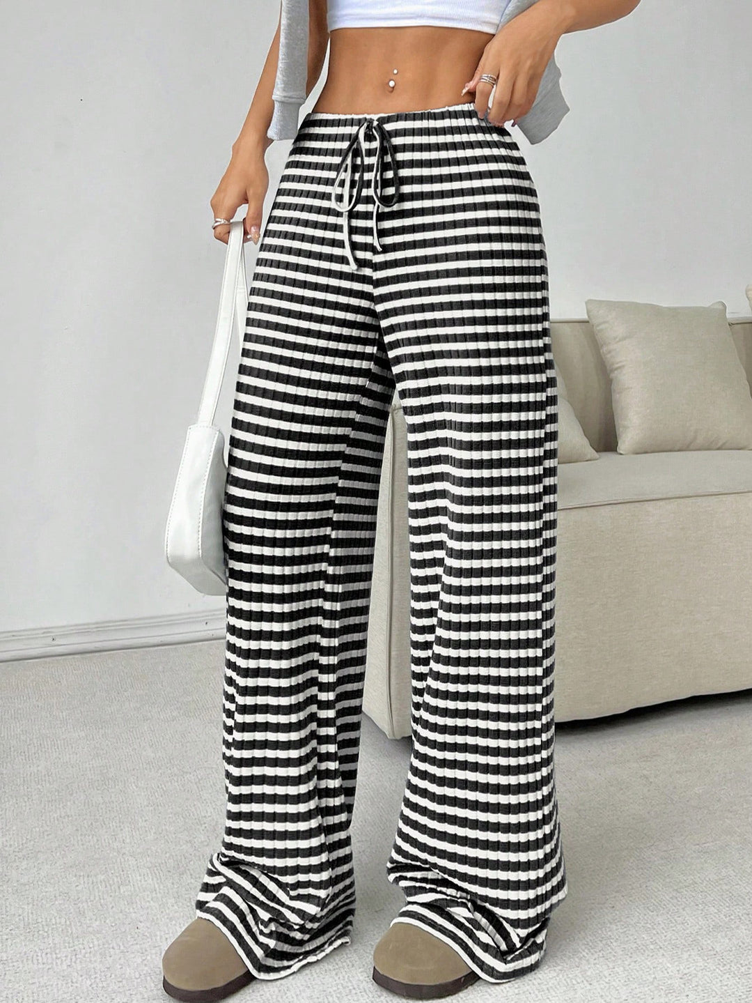 Autumn Winter Women Casual Striped Solid Color Rubber Band Drawstring Straight Leg Pants