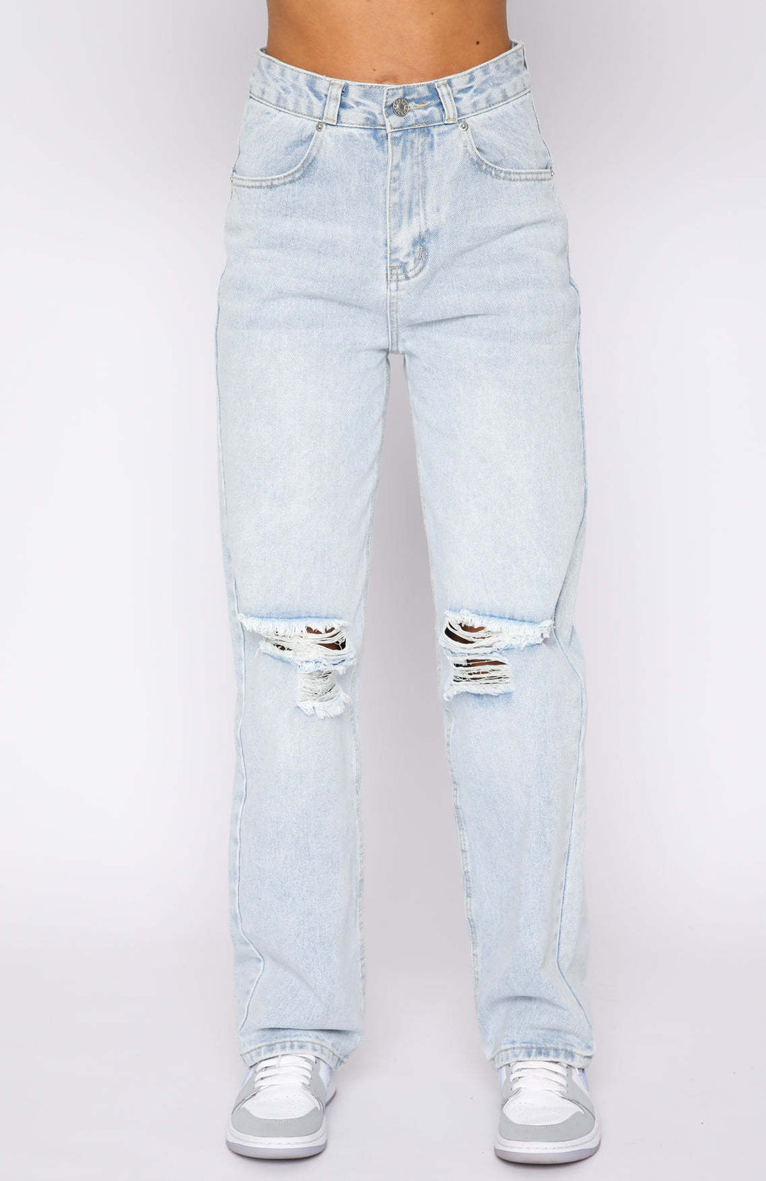 Spring Summer Europe America Street Hipster Ripped Washed Denim Straight Women Trousers