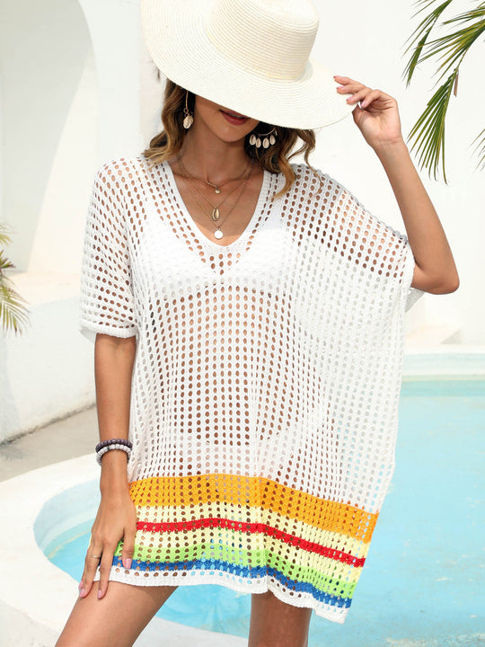 Beach Dress Women Clothing Deep V Plunge Sexy Sheer Cutout Woven Color Contrast Patchwork Beach Cover Up