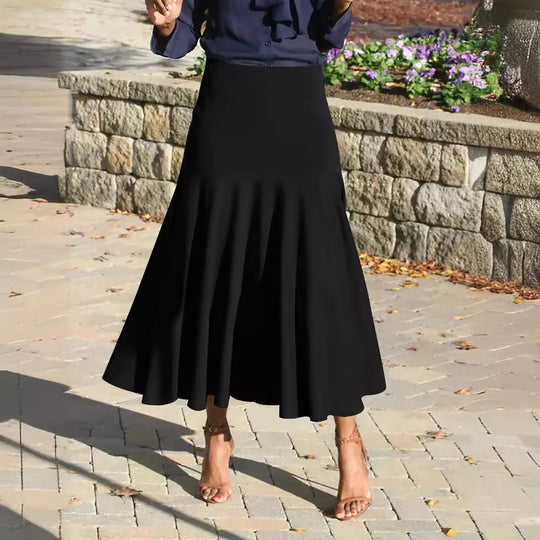 Women Clothing Spring Summer Elegant Solid Color Black Nipped Waist A Line Skirt