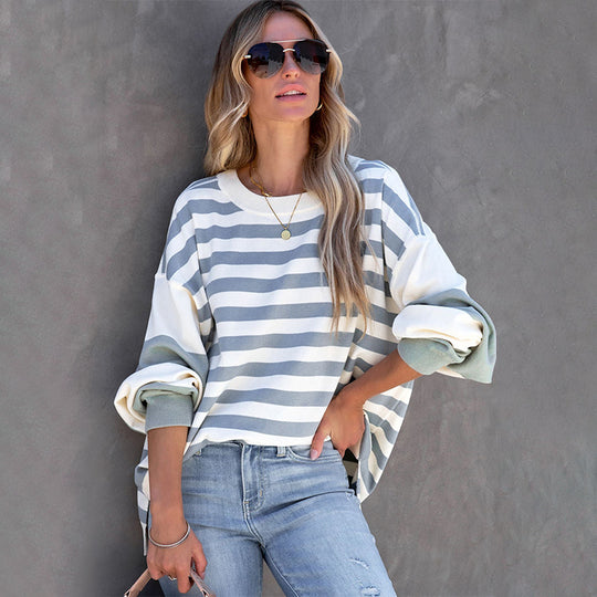 Striped Sweater Women Spring Autumn Puff Sleeve round Neck Long Sleeve Pullover Women Top