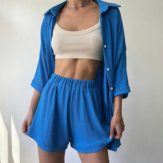 Outdoor Breathable Solid Color Long Sleeve Shorts Pajamas Two Piece Set Autumn Home Wear Women