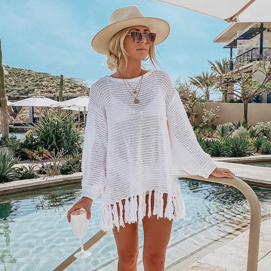 Hollow Out Cutout Knitted Tassel Beach Cover Up Seaside Vacation Bikini Cover Swimsuit Outwear Sun Protection Clothing Women