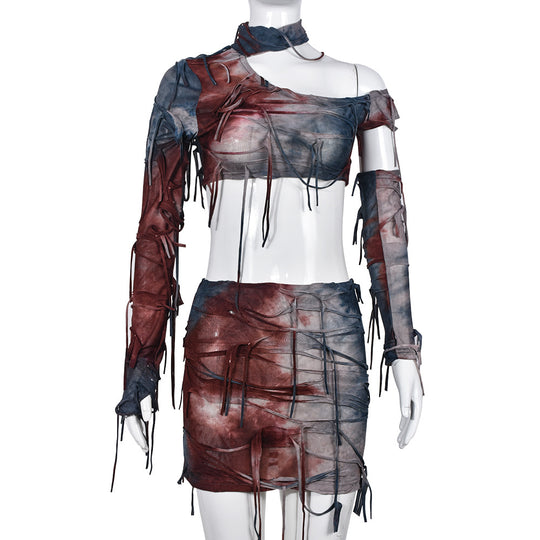 Tassel Ripped Contrast Color Sexy Cropped Tie Dyed Wansheng Set for Women