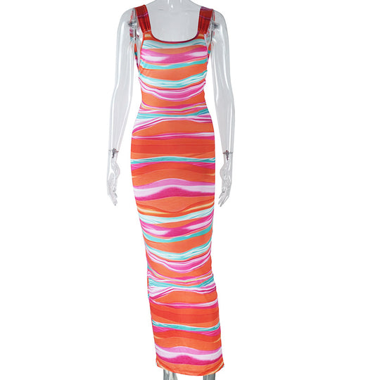 Tight Strap Dress Digital Printing Sleeveless Pullover Beauty Back Street Split Asymmetric