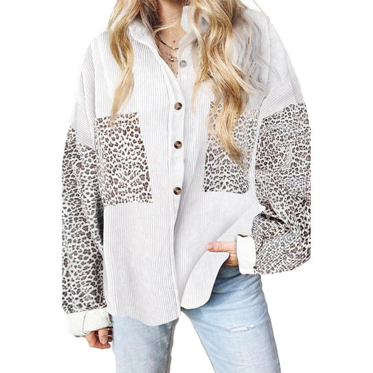 Cotton Linen Pocket Decorative Shirt Women Leopard Print Long Sleeve Loose Mid Length Shirt