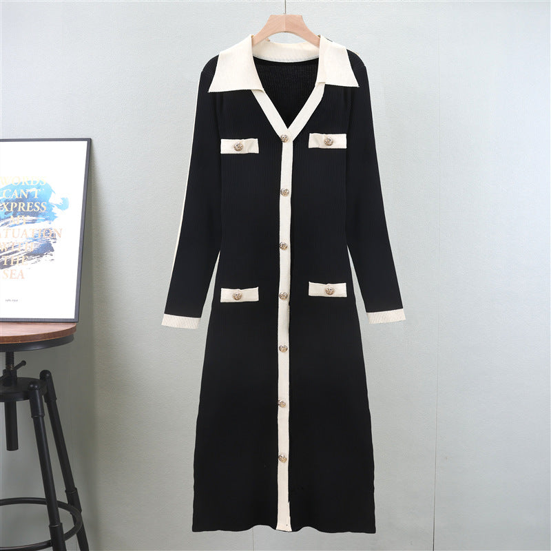 Korean Autumn Winter High Waist Dress V Neck Pullover Long Knitted Sweater A Line Dress