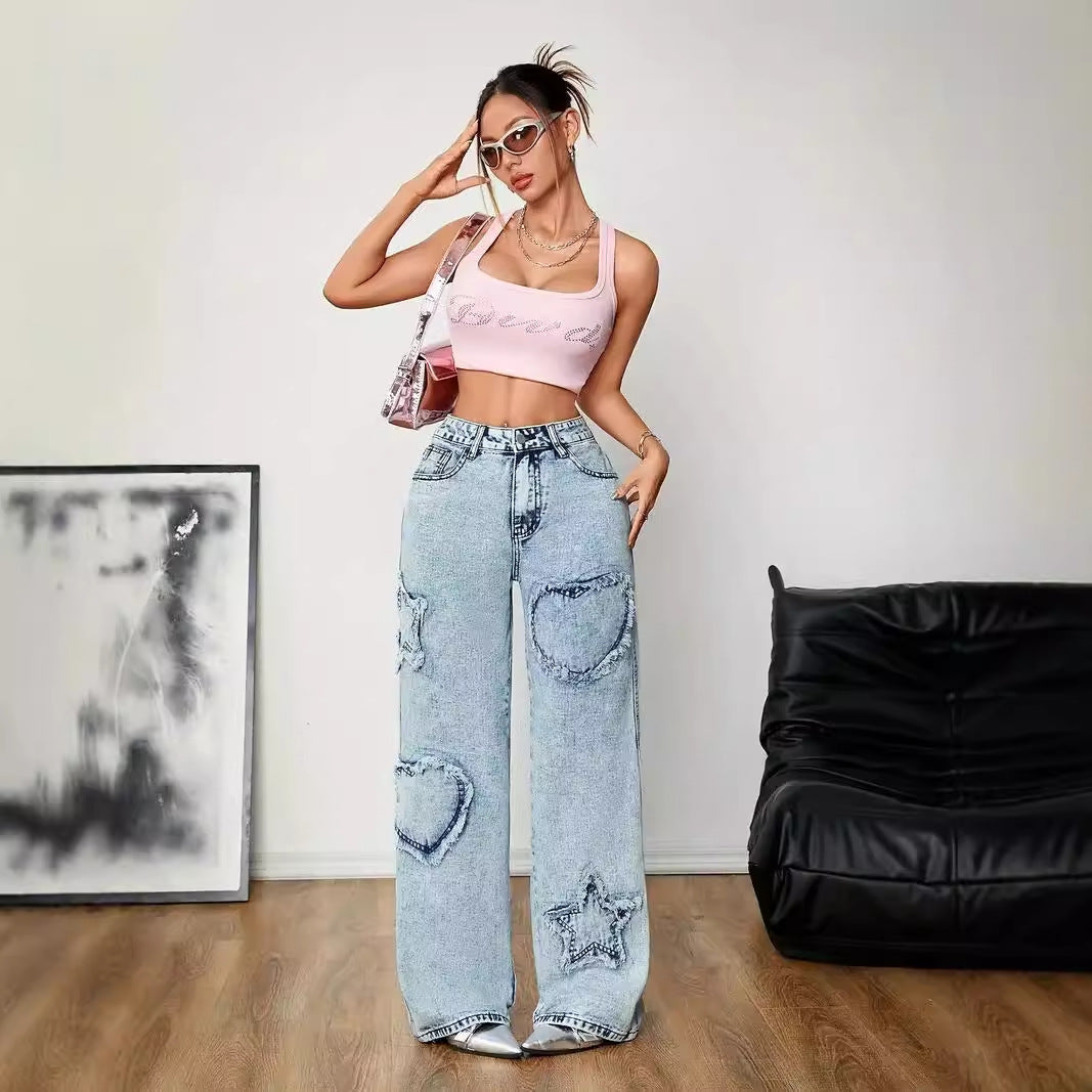 Retro Jeans Women Spring Autumn Street Five Pointed Star Embroidery Baggy Straight Trousers High Waist