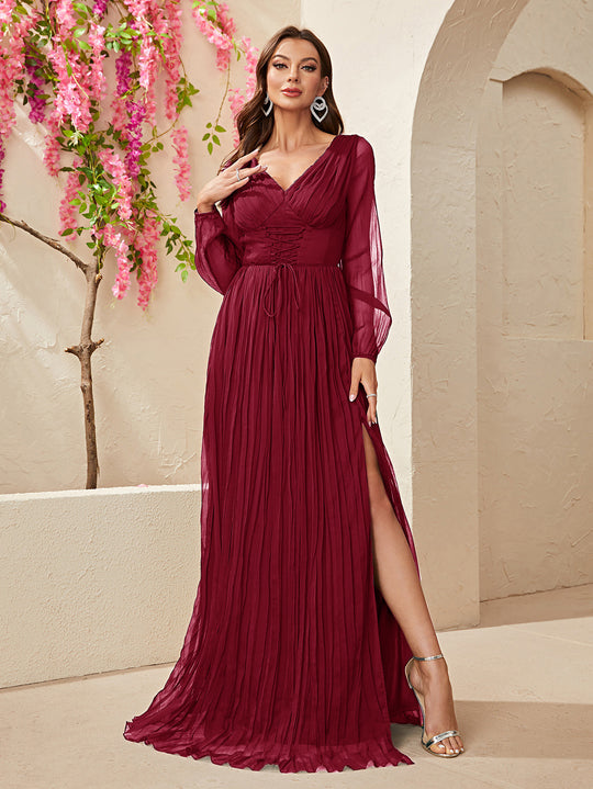 Dress Long Sleeve Chiffon V neck Slit Dress Waist Controlled Lace up Pleated Maxi Dress