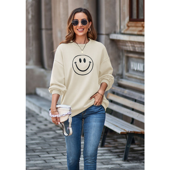 Autumn Winter Smiley Sweatshirt Round Neck Drop Shoulder Loose Pullover